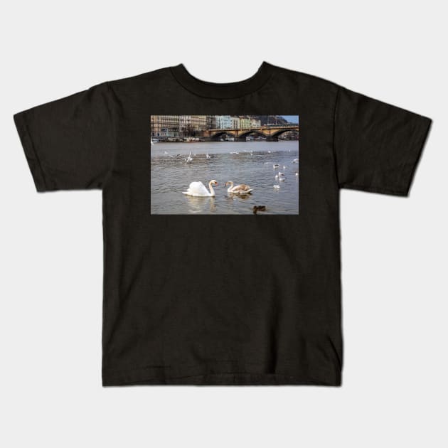 Birds at Vltava river in Prague Kids T-Shirt by lena-maximova